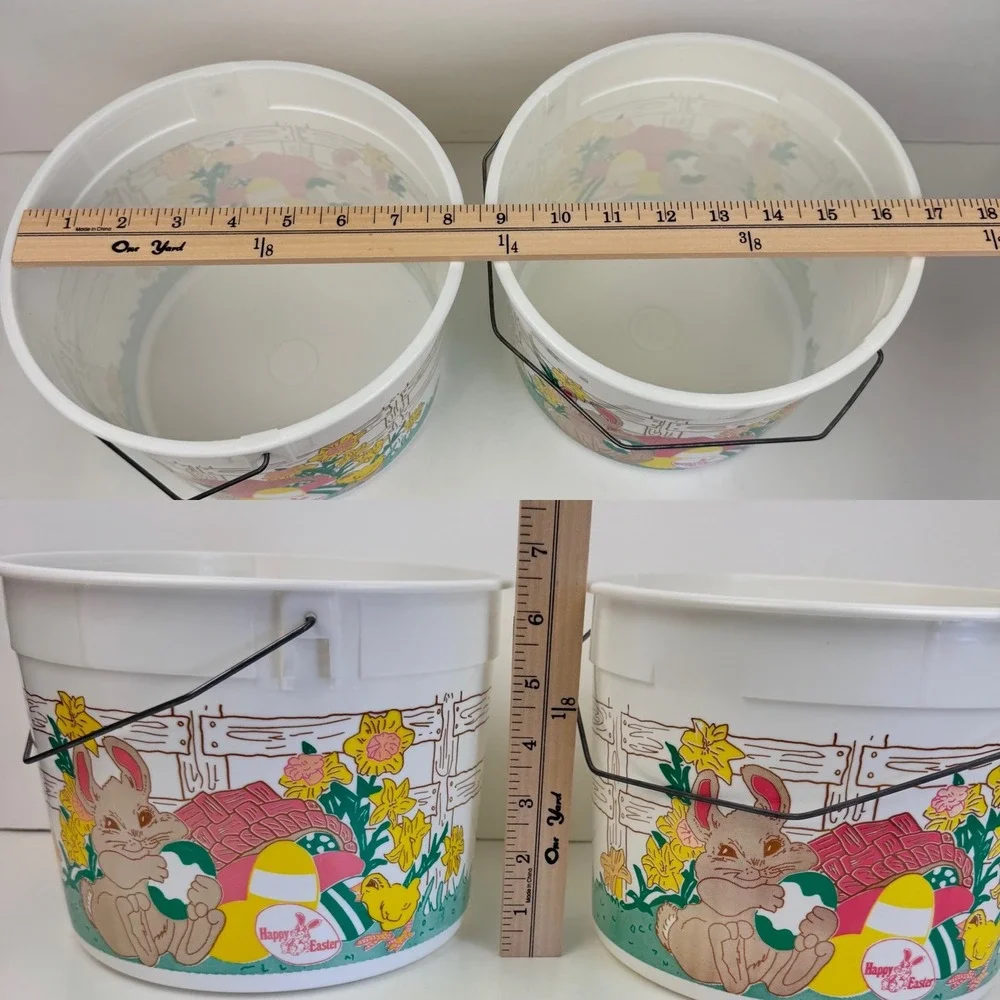 2 Vtg Round Plastic Happy Easter Basket Ice Cream Bucket Myrle's Original No Lid